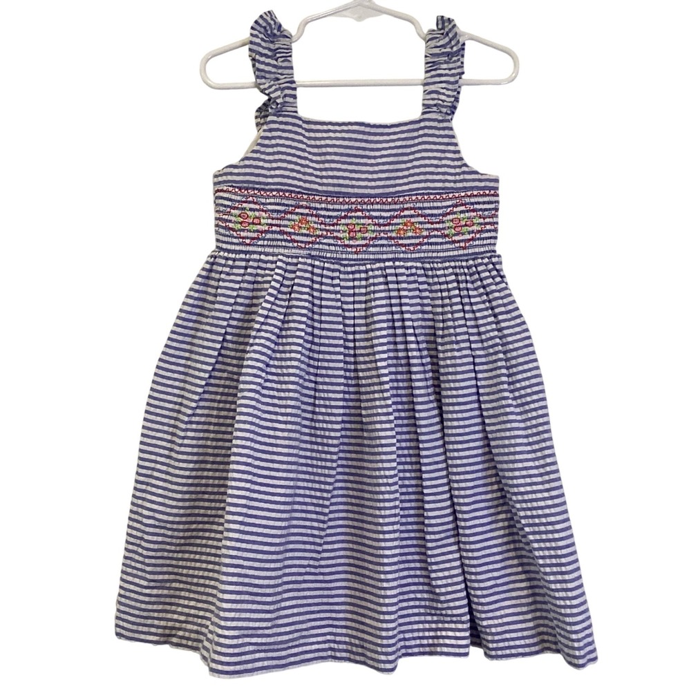 Bonnie Jean Girls 4T Blue White Striped Smocked Sundress Embroidery Ruffle Strap